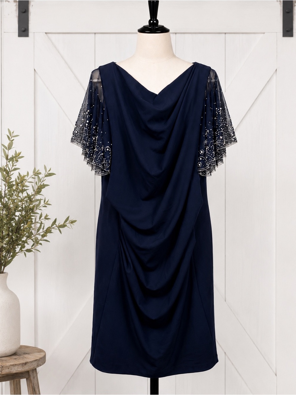 Betsy & Adam Dress Womens Size 20W Navy Blue Beaded Sheer Sleeves V-Neck Long